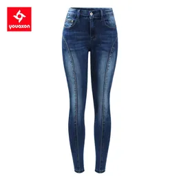 2397 Youaxon clássico cinco bolsos cortados jeans feminino elástico calças magras para mulher gota 231228