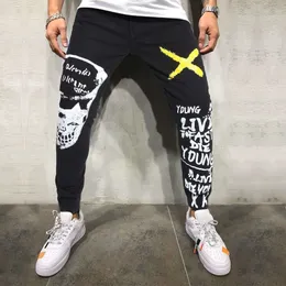 Herren Print Ripped Stretch Denim Schwarz Skinny Jeans Mode Y2K Streetwear Fancy Color Letters Painted Tapered Bleistifthose