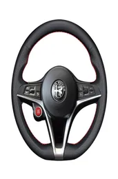 Para alfa stelvio giulia diy costurado à mão volante alça capa de couro preto leather6592612