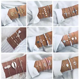 5 Stück geometrische hohle elektrische Karte Conch Kombination mehrschichtiges Armband-Set Perlenarmband mehrere stapelbare Armbänder Schmuck adju235f