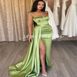 Sexy Sage Green High Slit Slit Dress Abito spaghetti Cinghies Silk Satin Mermaid Abito da sera 2024 Abiti da festa formale Abite di abiti De Soiree Elegante Ceremonia Partito