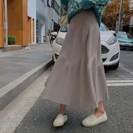 Autumn Skirts Women Tender Knitted French Style Pleated Stylish 5 Colors Midi Elegant Feminine High Waist All-match Chic Z483 231228