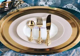 Vintage Western Gold Plated Cutery Dining Knives Forks teskedar Set Golden Luxury Dinner Yober Egraving Tableware4162759