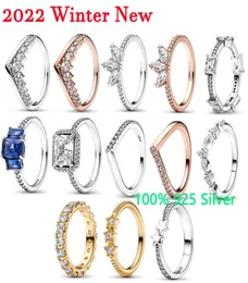 Bandringar 2022 Vinter Ny 925 Silver Högkvalitativ original 1 1 Blue Rectangle Three Stone Glitter Rings Women Jewelry Gift Fashio7262767
