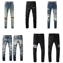 Jeans da uomo Amirs jeans firmati jeans viola High Street Hole Star Patch Pantaloni da donna con pannello ricamato stella Amirs da donna pantaloni slim fit elasticizzati 68oo