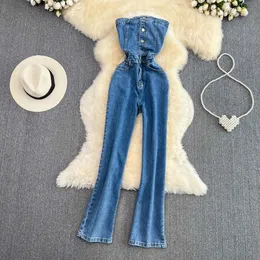 Sexy Female Strapless Denim Jumpsuits Chic Single Breasted Backless High Waist Slim Straight Jeans Casual Women Jumpsuits 231227