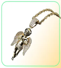 New 18K Gold Plated CZ Cubic Zirconia Hands Folded Angel Pendant Chain Necklace Hip Hop Rock Punk Rapper Jewelry for Men and Women3540776