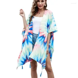 Costumi da bagno da donna OMCHION Fiori estivi Dolce Tie Dye Ricamato Copricostume Nappa stampata Kimono sexy Top in chiffon allentato femminile