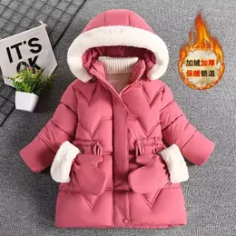 Send Gloves Winter Girls Jacket Warm Fur Collar Princess Coat Hooded Zipper Outerwear Birthday Gift 3-8 Years Kids Clothes 231229
