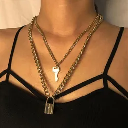 Collar con colgante de candado con llave para mujer, collar con cerradura dorada y plateada, cadena en capas en el cuello con cerradura, joyería Punk 280P