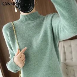 Осень-зима 2023, толстый теплый свитер, женский кашемировый свитер с полувысоким воротником, корейский однотонный зеленый повседневный базовый пуловер, трикотаж 231228