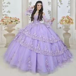 2024 مثير فساتين Quinceanera Lilac Long Sleeves Sweetheats Lace Healipes tiered Sweet 16 Party Dress Vestidos de 15 Prom Party Party Length