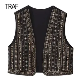 TRAF – gilet court brodé pour femmes, gilet d'automne avec strass, sans manches, col en v, Style coréen, haut de luxe de styliste, 231229