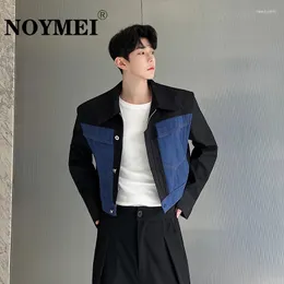 Herrjackor noymei Autumn Short Jacket Denmim Patchwork Silhouette Fashion Korean 2024 Kontrast Color Casual Lapel Man Coat WA2255