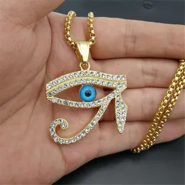 Ägyptische Halskette mit Anhänger „Auge des Horus“ für Damen/Herren, 14 Karat Gelbgold, Halskette mit bösen Augen, Iced Out Bling Hip Hop Ägypten-Schmuck