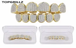 Хип-хоп Iced Out CZ Gold Teeth Grillz Caps Top и Bottom Diamond Tooth Grillz Набор для мужчин и женщин Подарочные грили7478865