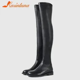 Buty Karinluna 2020 krowa pu skóra wysoka qulity swobodny jesień zima niska obcasy buty dla kobiet moda nad kolanami kobieta