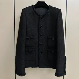 Jaquetas femininas de alta qualidade mistura de lã jaqueta preta mulheres elegante o-pescoço manga longa clássicos 4 bolsos outwear 2023 outono tweed casaco tops