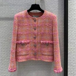 Europa och USA: s kvinnor 2024 Winter New Round Neck Long Sleeve Single Breasted Orange Pink Fashion Tweed Jacket