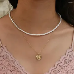 Anhänger Halsketten Mode Multilevel Künstliche Perle Gold Farbe Textur Münze Halskette Für Frauen Boho Vintage Choker Kette Schmuck Gfit