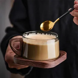 200mlグラスアメリカンラテコーヒーカップ木製のトレイ高ホウケイ酸塩耐熱ミルクティーカップ新鮮なグラウンドコーヒーマグ231228