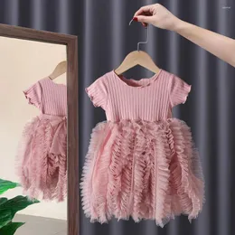 Vestidos de menina 2023 verão estilo chegada manga curta o pescoço babados rosa meninas designer bonito festa childern vestido custume 18m-6t