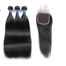 Wefts Ishow Silky Straight Peruvian 10A Brazilian Human Hair Bundles With Lace Closure 3Bundles 828inch Hair Extensions Weft for Women