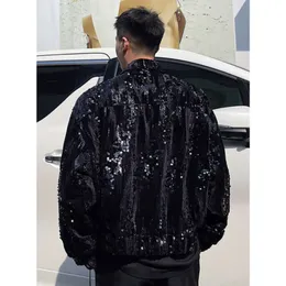 „Stylische Pailletten-Patchwork-Jacke für Herren – Trendige Streetwear-Mode, Revers-Kurzmantel für Herbst 2023 – Schwarz, Stoffdesign mit Reißverschluss“