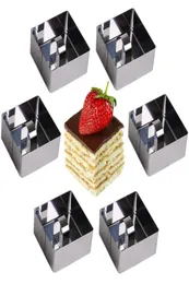 Set quadrato da 6 pezzi Anelli da cucina in acciaio inossidabile Anelli da dessert Mini set di stampi per anelli per torte e mousse con spingitore15989582052608