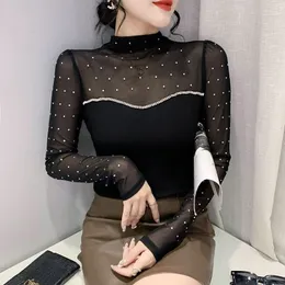 T-shirt con colletto alla coreana da donna in garza prospettiva sexy con strass diamanti rattoppati shinny bling top SMLXLXXL3XL