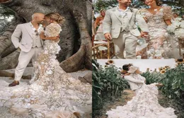 Champagne sereia vestidos de casamento rendas 3d floral appliqued oco volta meia mangas compridas boho vestido praia plus size vestidos de noiva c1693655