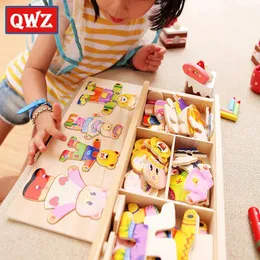 QWZ Little Bear Change Clothsion s Early Education Wooden Jigsaw Puzzleドレッシングゲームベビーおもちゃのおもちゃギフト231228