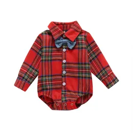 Christmas Baby Boys Gentleman Bodysuits 2Pcs Set Toddler Lapel Plaid Button Long Sleeve Romper Blue Bow Tie for Children 231228