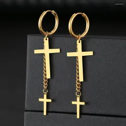 Dangle Earrings Stainless Steel Fashion Punk Hip Hop Gothic Unisex Two Cross Chain Pendants Gold Color For Women Jewelry Gifts
