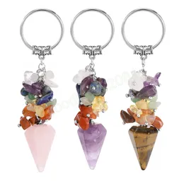 7 chakra cristal chaveiro pedra natural cone pingente de aço inoxidável porta-chaves titular do cartão acessórios jóias