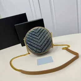 Denim runda axelväska handväska kedja crossbody handväska duk randiga mini cirkel väskor mode bokstav hårdvara koppling väskor avtagbar rem 5a kvalitet