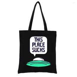 Shopping Bags This Place Sucks Alien Graphic Tote Bag Extraterrestrial Print Shoppong Fashion Totebag Women's Handbags Shopper Funny Eco