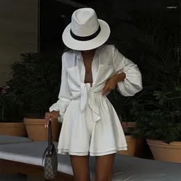 Mulheres Swimwear Beach Dress Verão Mulheres 2023 Roupas para Cover Up Terno Cor Sólida Puffed Manga Longa Camisa Perna Shorts Poliéster Pode