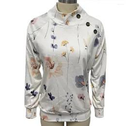 Blusas de mujer Top con decoración de botones Estampado floral Sudadera con cuello alto Elegante para moda casual de otoño Suave