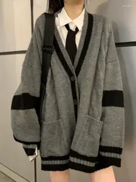 Kvinnors stickor Cardigan vintergrå randig stickad tröja kvinnor koreansk modestil harajuku överdimensionerad preppy kvinnlig kappa