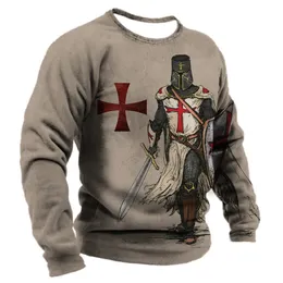 Erkek Tişört Üstleri Templar Graphic O Boyun Pamuk Uzun Kollu Tees Vintage Stil Sokak Giyim Erkek Harajuku Punk Giysileri 231228