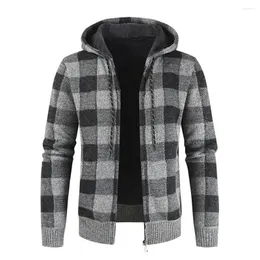 Men's Jackets Winter Fleece Lined Hooded Jacket Cardigan Thick Warm Plaid Zip Up Outwear Coat Knitwears Top Clothing