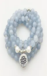 SN1205 디자인 여성 8mm 블루 스톤 108 Mala Beads 팔찌 또는 목걸이 연꽃 요기 요가 팔찌 7692257