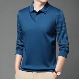 Sprężyna i jesień mężczyzn S Pullover Clar Plaid Button Solid Color Panel Polo Dolna Koszula z długim rękawem Modna forma Formal Formal Tops 231228