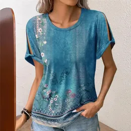 Blusas femininas camisa feminina em torno do pescoço temperamento férias topo mulher moda elegante blusa casual manga curta solta impresso