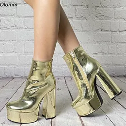 Stiefel olomm handgefertigte Frauen Winter -Knöchelstiefel Patentseite Reißverschluss Huf Heels runden Zehen wunderschöne Gold Silber Party Schuhe US -Größe 515