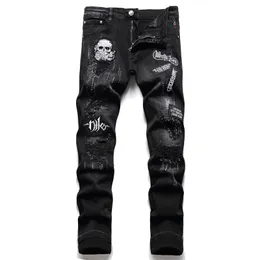 Primavera outono rasgado jeans preto moda masculina crânio bordado magro estiramento calças boate motocicleta tendência roupas 2312129