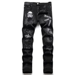 Printemps automne déchiré noir jean hommes mode crâne broderie mince Stretch pantalon discothèque moto tendance vêtements 2312129