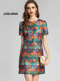 드레스 Junlinna Jacquard Fashion Women Dress 2022 Summer New High Street Mini 전사 Oneck Short Sleeve Elegant Wear