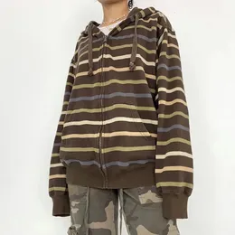 Doury harajuku 스웨트 셔츠 여성 캐주얼 헐렁한 재킷 코트 가을 지퍼 업 스트라이프 후드 wih pockets grunge 옷 y2k 231228